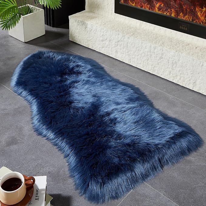 AMTOVO Faux Fur Rug, Dark Blue Area Rug, Fluffy Sheepskin Rug, Fuzzy Ultra Soft - Image 5