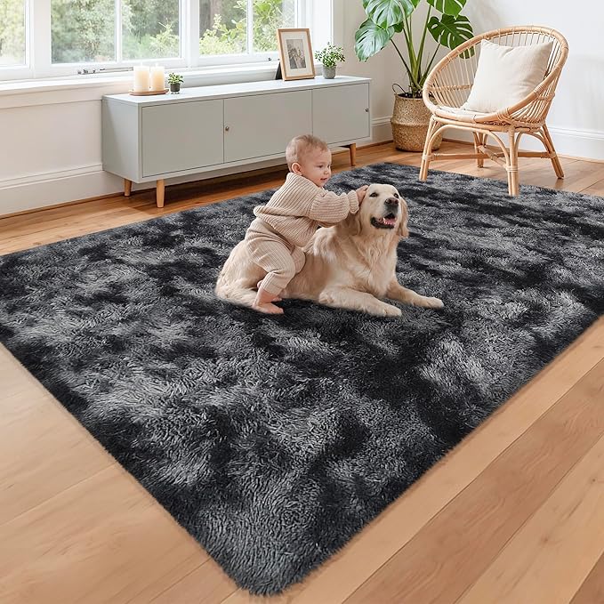 Black Grey Tie-Dyed Rug for Living Room 5x8 Fluffy Area Rug Mat Bedside Throw by JiaoBaba