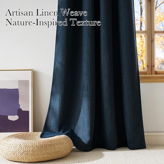 NICETOWN Faux Linen Navy Blue Blackout Curtains 84 inches Long - Image 3