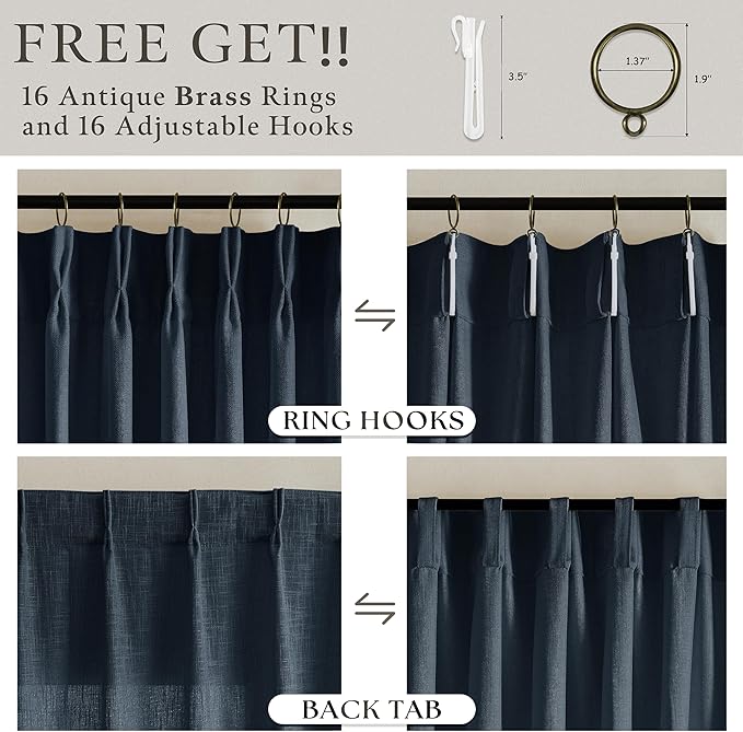 Pinch Pleat Linen Light Filtering Privacy Dark Navy Blue Curtains 50Wx105L | - Image 5