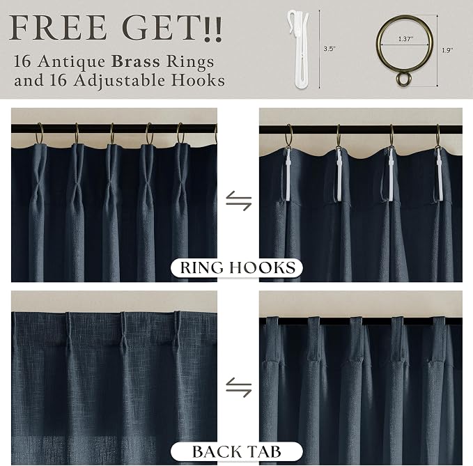 Dark Blue Memory Trained Linen Pinch Pleated Semi Sheer Curtains 108 Inches | - Image 5