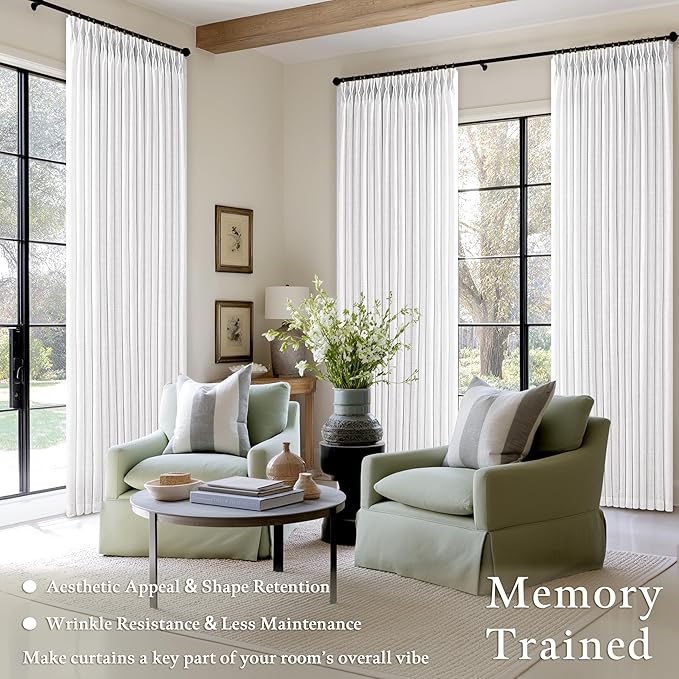 Pinch Pleated White Memory Shaped Semi Sheer Linen Curtains 102 Inches Long | - Image 2