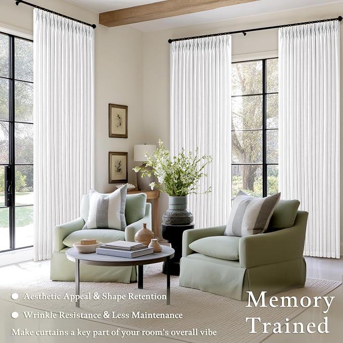 Linen Pleated Light Filtering Semi Sheer White Curtains 108 Inches Length | - Image 2