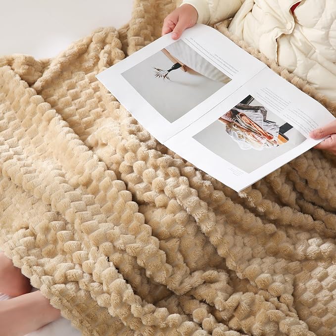 Beige Throw Blanket 50"×60" inches Fuzzy 3D Jacquard Decorative Flannel Fleece - Image 7