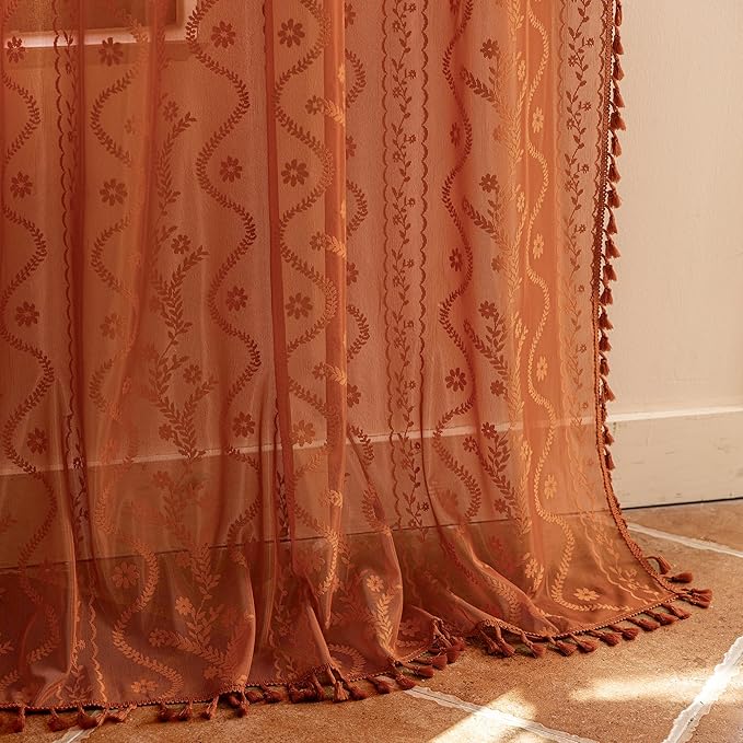 WAZZIO Boho Lace Curtains 108 Inch 2 Panels-Vintage Sheer Panel Drape Floral - Image 7