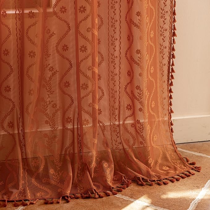 WAZZIO Boho Lace Curtains 96 Inch 2 Panels-Vintage Sheer Panel Drape Floral - Image 6