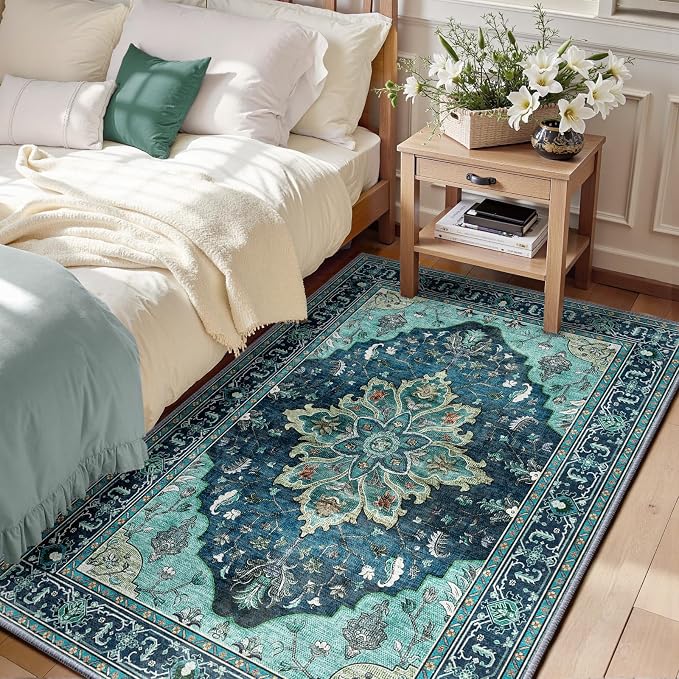 Area Rugs 3'x5' Washable Non-Slip, Floral Vintage Distress Print Pattern by RELEANY
