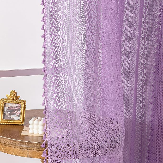 WAZZIO Boho Lace Curtains 84 Inches 2 Panel, Light Filtering Privacy Tassel & - Image 4