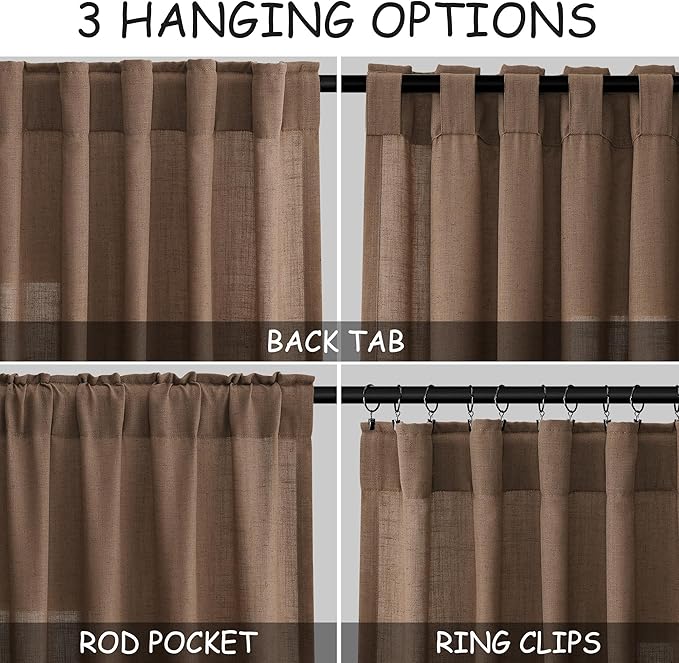 Extra Long Caramel Brown Linen Curtain 108 Inches Long 2 Panels Set Back Tab - Image 2