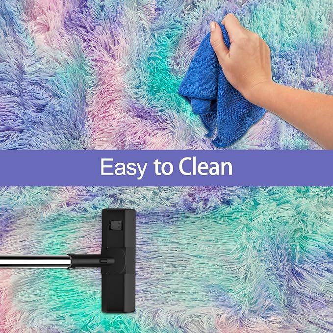 Super Soft Fluffy Living Room Area Rug 3x10 ft Purple Rainbow Tie-Dyed Shaggy - Image 7