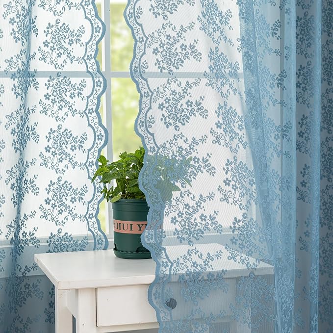 YJ YANJUN Vintage Lace Curtains 84 Inch Length-Dusty Blue Floral Sheer Curtains - Image 5