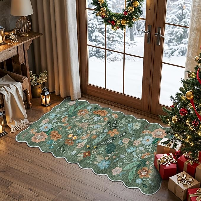 Washable Floral 2x4 Area Rug: Indoor Soft Scalloped Carpet by HYHAOYUNLAI