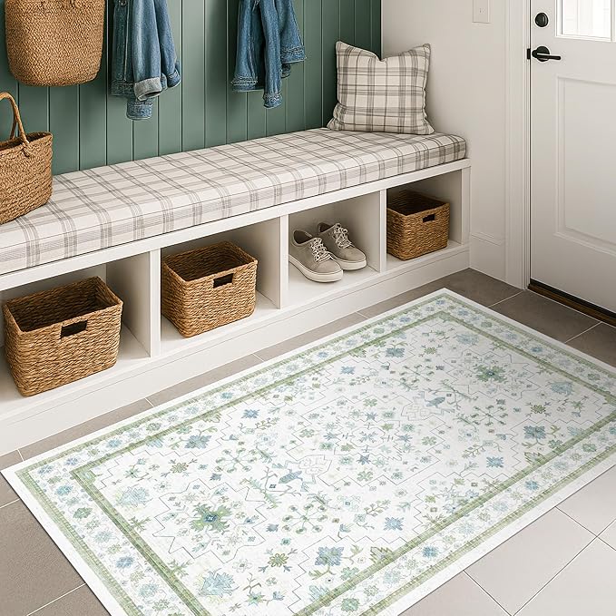 Cream Green and Blue 2x4 Boho Bathroom Rug - Image 6