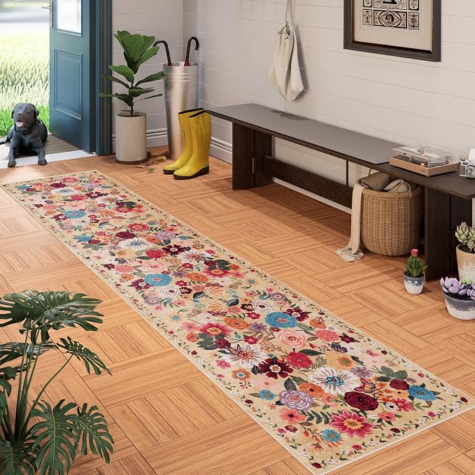 Floral Hallway Runner Carpet Non-Slip, 2x10 Washable Rug Ultra-Thin Soft - Image 2
