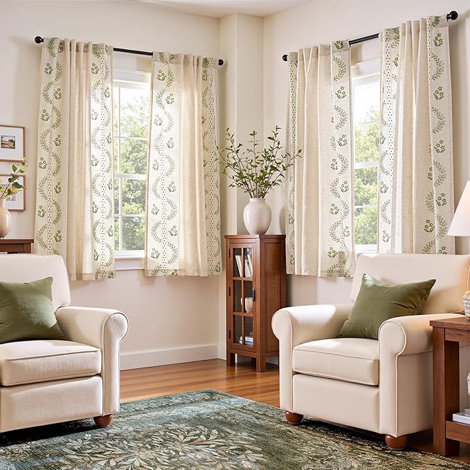 jinchan Belrose Linen Curtains for Bedroom Floral Curtains 63 Inch Length Sage by JINCHAN