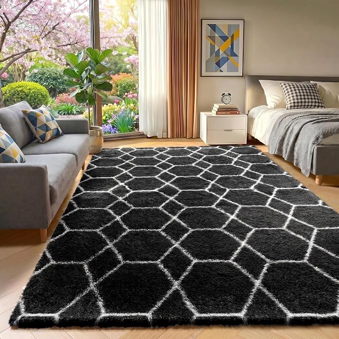 6x9 Area Rugs for Living Room Bedroom, Fluffy Black and White Geometric Rug | - Image 6