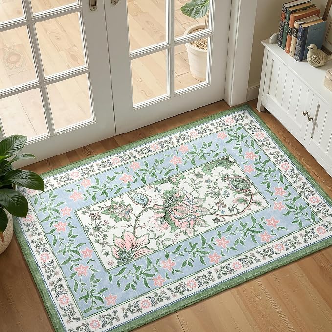 GarveeHome Blue Green Pink Washable 6x9 Area Rugs, Botanical Grove Vintage - Image 6