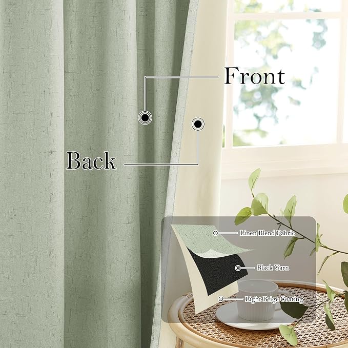 RYB HOME 100% Blackout Sage Green Linen Curtains, Light & Heat Blocking Thermal - Image 3