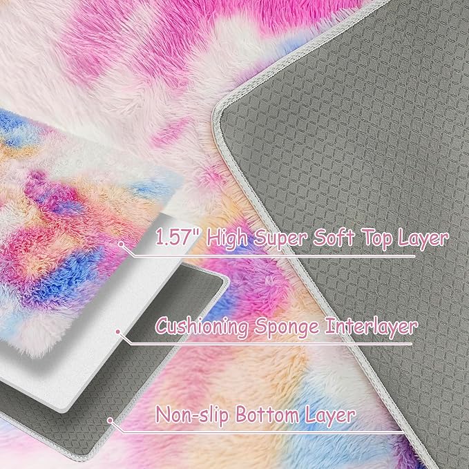 Small Fluffy Colorful Rug for Bedroom Girls 2x3 Mini Kawaii Rainbow Tie Dye - Image 5