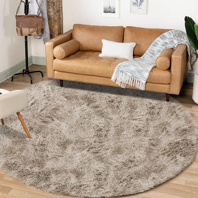 Camel Round Rugs for Bedroom: 4ft Circle Fluffy Shag Soft Washable Rug Small - Image 7