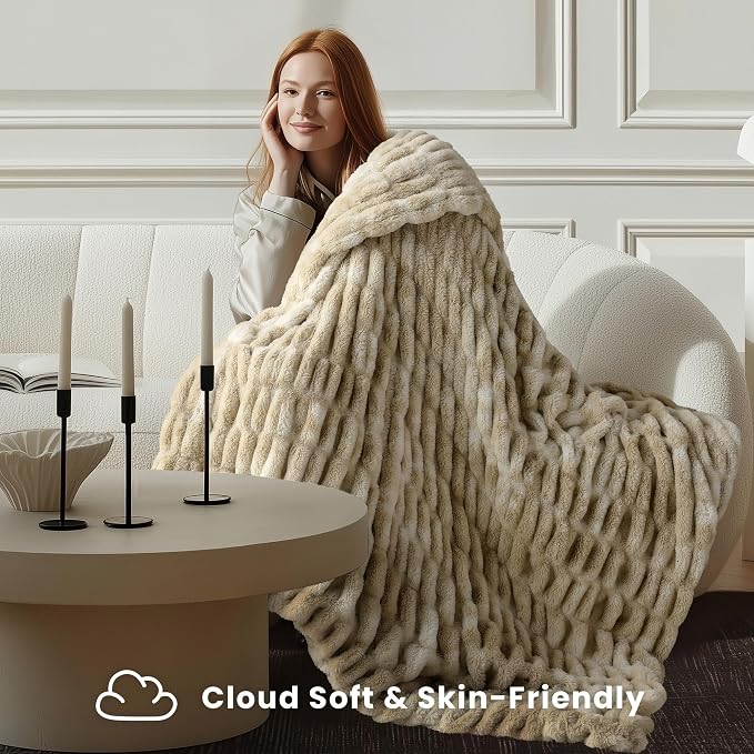 Ultra Soft Cozy Faux Fur Throw Blanket, Fuzzy Plush Thick Bubble Blanket - Image 4