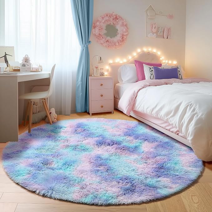 ONASAR Rainbow Round Area Rugs 6ft, Fluffy Soft Bedroom Circle Rug - Image 3