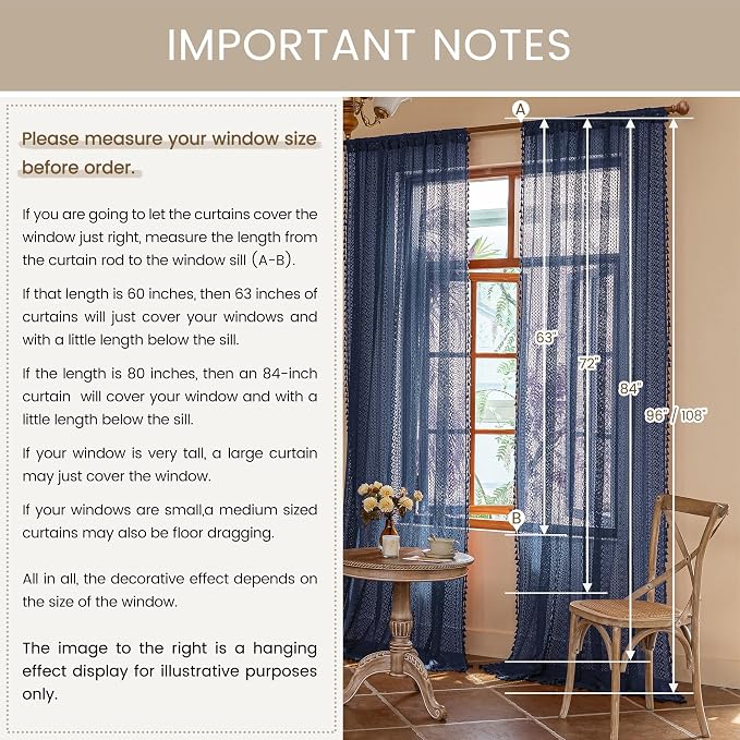 WAZZIO Boho Lace Curtains 84 Inches 2 Panel, Light Filtering Privacy Tassel & - Image 8