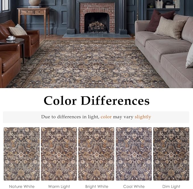 9x12 Brown Blue Vintage Floral Washable Area Rug - Image 9