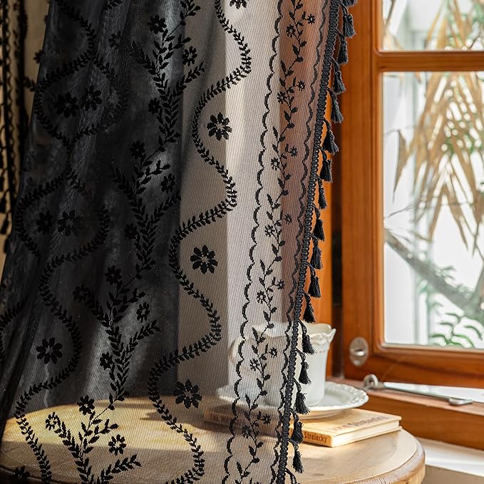 WAZZIO Boho Lace Curtains 84 Inch -Vintage Victorian Sheer Panel Drape Floral - Image 5