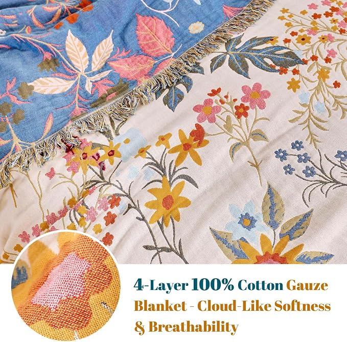 MSGKV Boho Throw Blanket for Couch Chair 100% Cotton Floral Blanket 50"x60" - Image 3