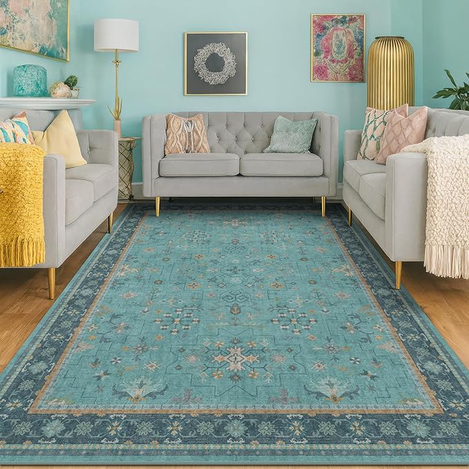 5x7 Teal Rug for Living Room, Boho Turquoise Rugs for Bedroom, Modern Eclectic by HazoHaus