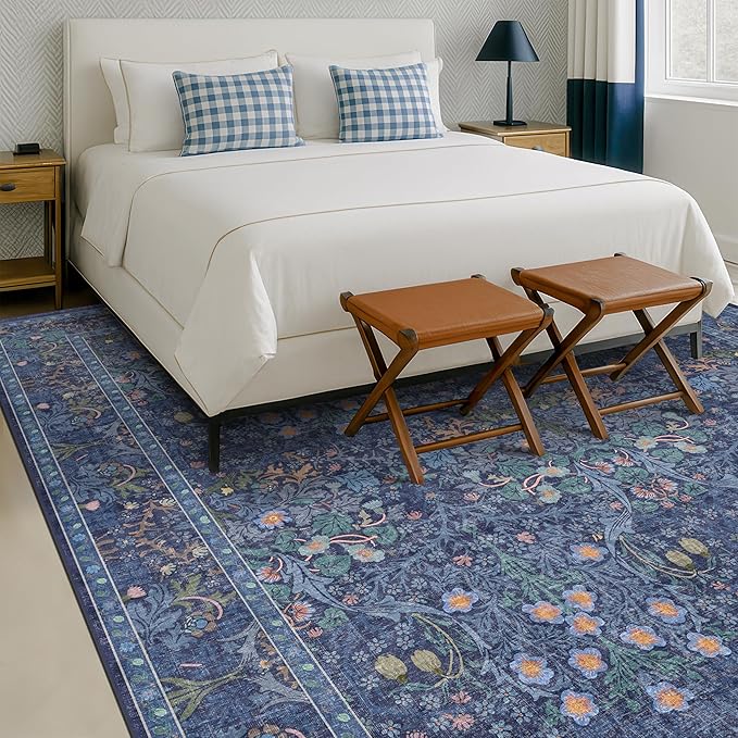 Hazo Haus Dark Blue Living Room Rug 8x10, Vintage Floral Washable Area Rugs - Image 8