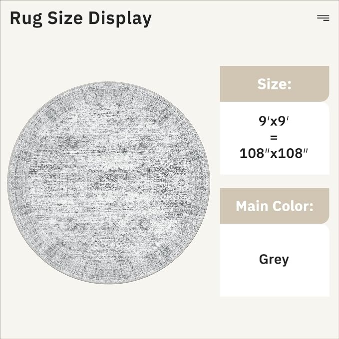 Soalmost 9x9 Grey Round Rug 9ft Living Room Circle Rug Vintage Round Area Rug - Image 3