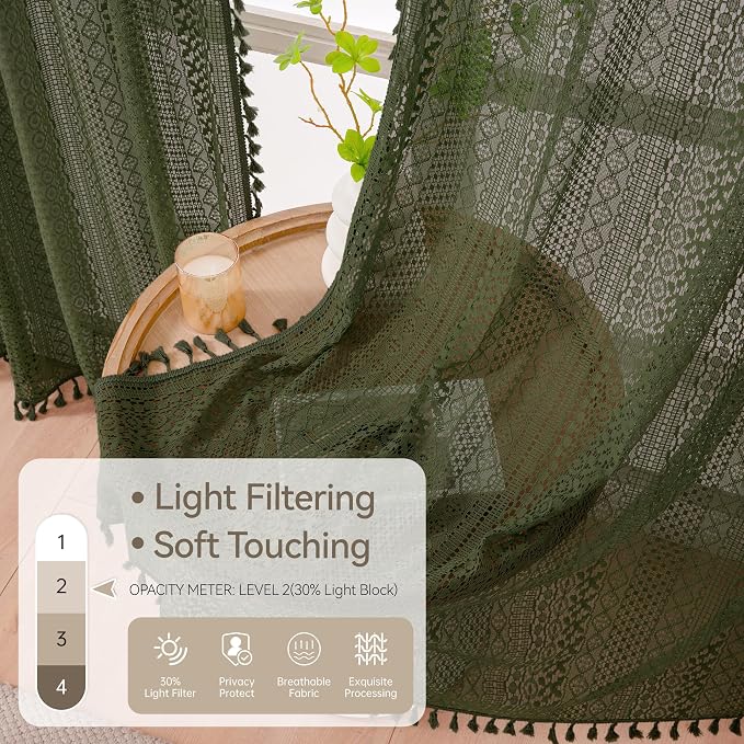 WAZZIO Boho Lace Curtains 84 Inches 2 Panel, Light Filtering Privacy Tassel & - Image 4