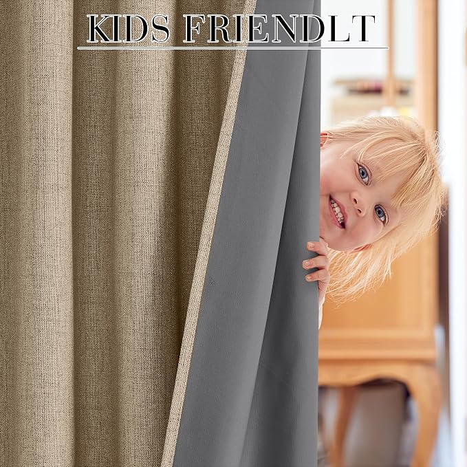 RYB HOME Burlap 100% Blackout Curtains 63 inch Long, Light Blacking & Thermal - Image 5