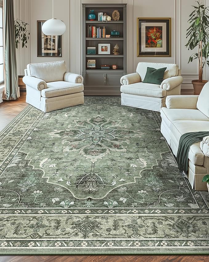 Area Rugs 10'x14' Washable Non-Slip, Floral Vintage Distress Print Pattern - Image 2