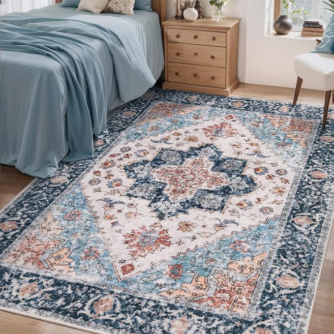 SERISSA 4x6 Boho Bedroom Rug, Washable Non Slip Vintage Blue Orange Area Rugs by SERISSAHomeDecorCollection
