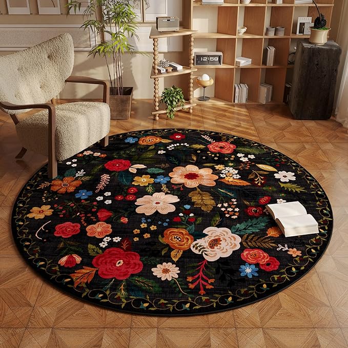 Rugcomf Round Rug 6ft Washable Circle Rug Non Slip Low Pile Boho Floral Small by Rugcomf