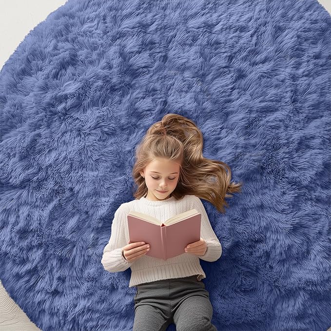 OLANLY Denim Blue Round Rugs for Bedroom by OLANLY