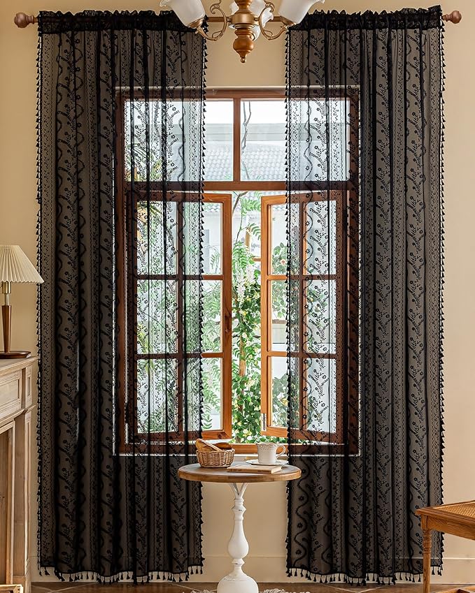 WAZZIO Boho Lace Curtains 84 Inch -Vintage Victorian Sheer Panel Drape Floral - Image 3