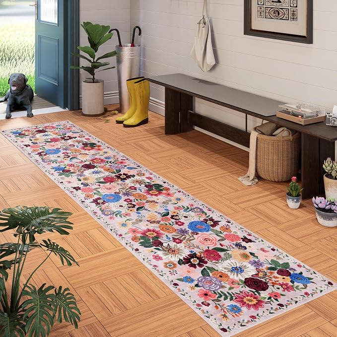 Pink/Beige Floral Hallway Runner Carpet Non-Slip, 2x10 Washable Rug Ultra-Thin - Image 2