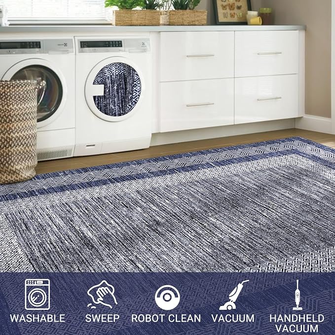 Washable 2.5x10 Kitchen Runner Navy Blue Rug, Easy Clean Geometri Rugs - Image 8