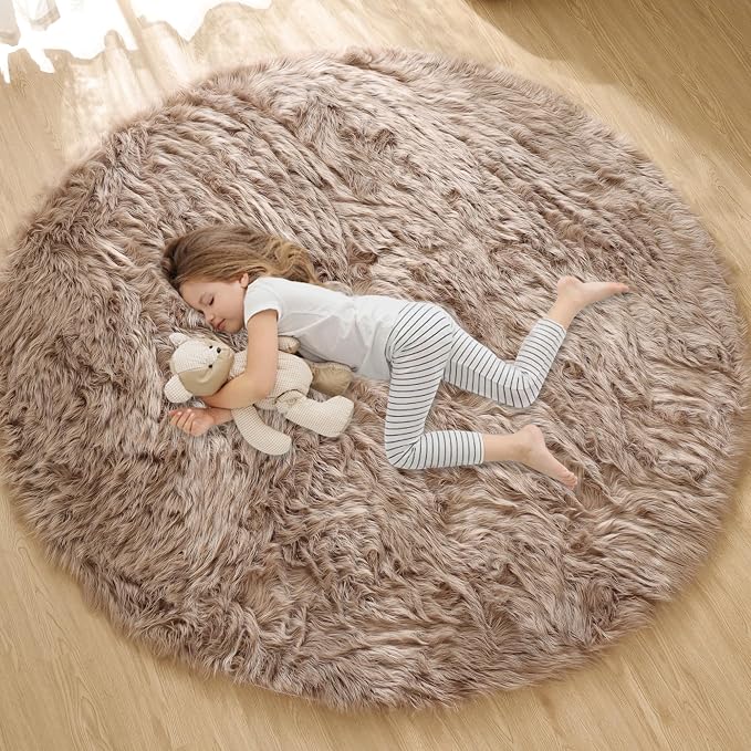 ORINOVA Beige 3ft Round Fluffy Shaggy Rug Washable Soft Area Rug - Image 5