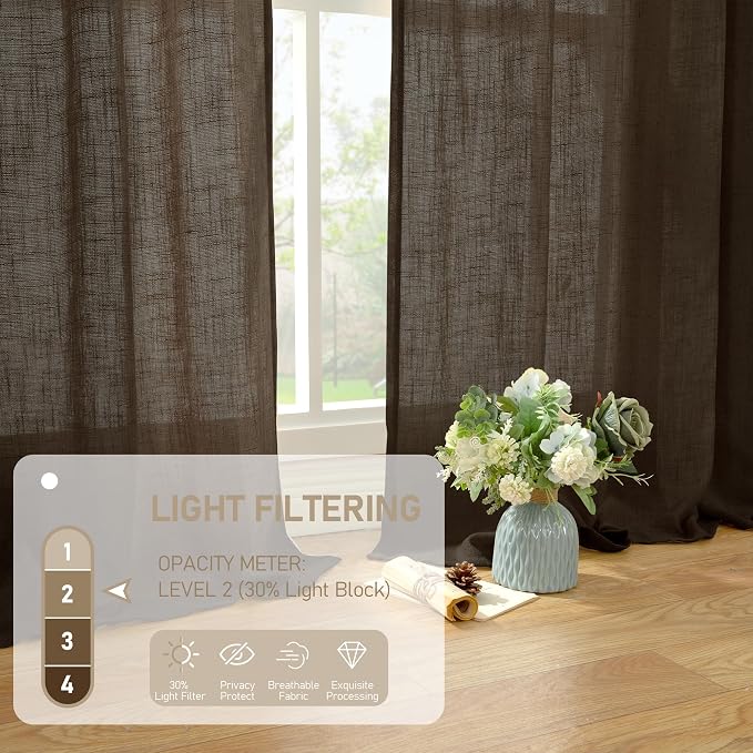LAMIT Dark Brown Linen Boho Curtains 80 inch Length 2 Panels, Light Filtering - Image 4
