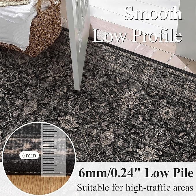 Schweek 10x14 Washable Area Rug Black Neutral Vintage Distressed Dark Rugs | - Image 4