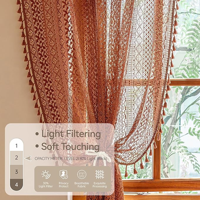 WAZZIO Boho Lace Curtains 72 Inches 2 Panel, Light Filtering Privacy Tassel & - Image 5