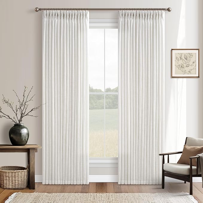 Pinch Pleated 132 Inch Beige White Semi Sheer Linen Curtains 11 Ft 2 Panels | by Twodrapes