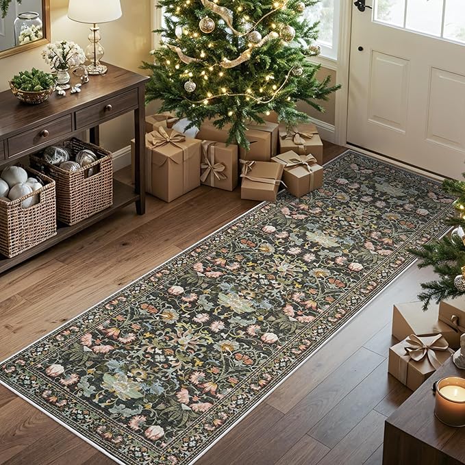 2x6 Washable Hallway Runner Rug: Vintage Floral Kitchen Rugs - Image 2