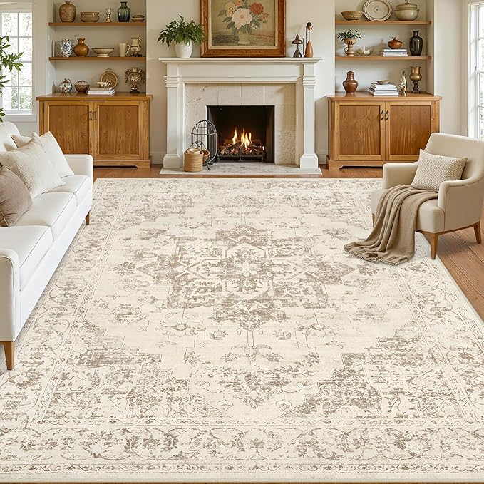 Area Rugs 9x12 Living Room: Vintage Boho Neutral Washable Rug Indoor Soft Large by Luxturiy