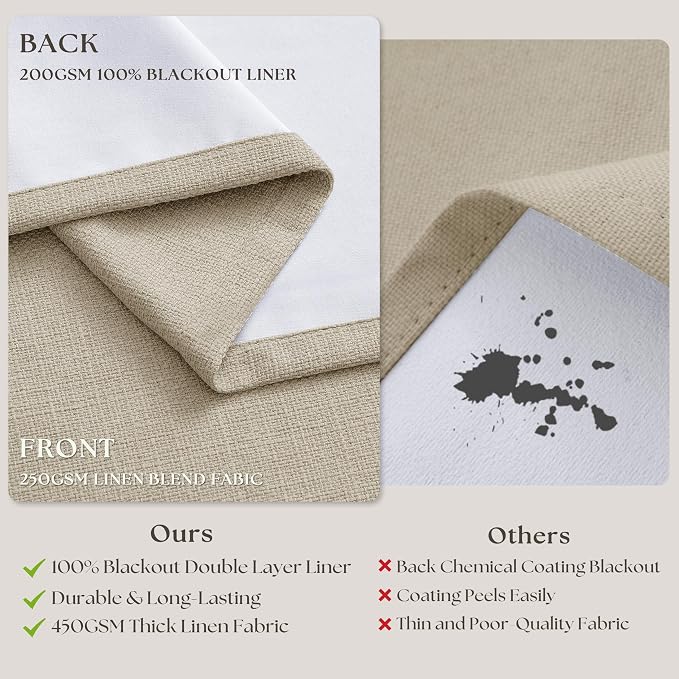 92 Inch Long Oatmeal Pleated 100% Blackout Curtains - Image 6